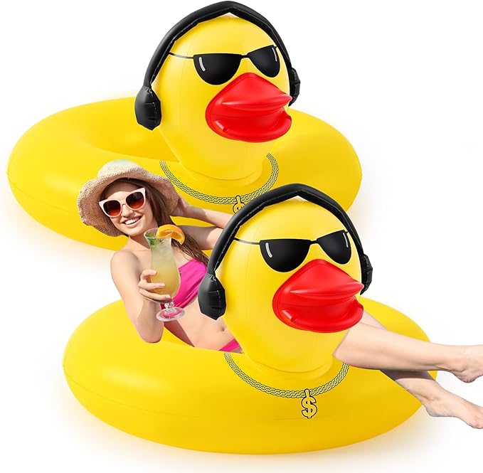 Hungdao 2 Pcs Funny Duck Pool Floats Large 39.4'' Rubber Ducks Floatie Inflatable Tube Swim Ring Giant for Summer Beach Swimming Pool Carnival Birthday Party Floaty Supplies Adults(Earphone)