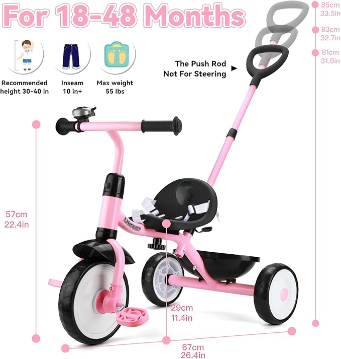 Liberry 2 in 1 Toddler Tricycle Age 2 3 4 Years Old, Kids Trike with Adjustable Push Handle, Bell & Basket, 3 Wheel Bike Riding Toy Birthday for Girls Boys, Light Pink