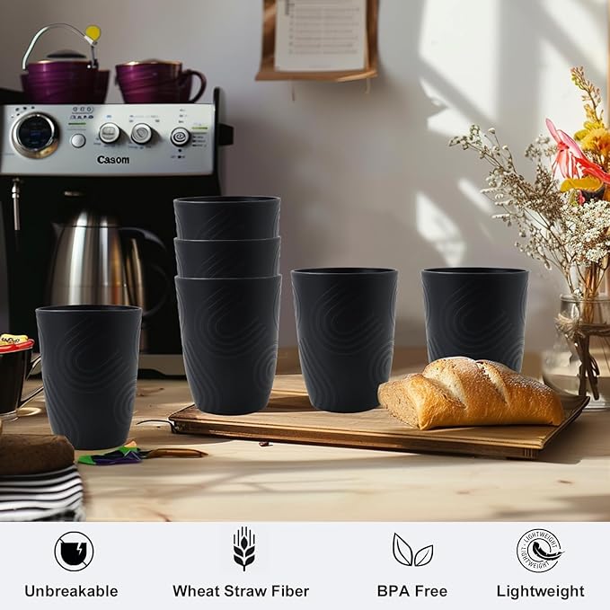 6 Pack Wheat Straw Cups 12 oz, Plastic Cups Reusable Drinking Cup, Small Kids Cup, Unbreakable Water Cup Set Dishwasher Safe for Kitchen, Camping, School (Black)