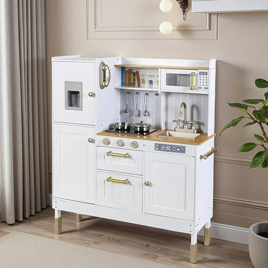 Arlopu Play Kitchen for Kids, Wooden Toy Toddler Kitchen Sets, Sturdy Pretend Cooking Playset with Storage & Accessories, Realistic Light & Sound, Stove, Fridge, Microwave, Removable Sink (White)