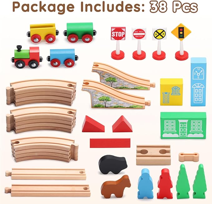 SainSmart Jr. Wooden Train Set for Toddler with Double-Side Train Tracks Fits Brio, Thomas, Melissa and Doug, Kids Wood Toy Train for 3,4,5 Year old Boys and Girls