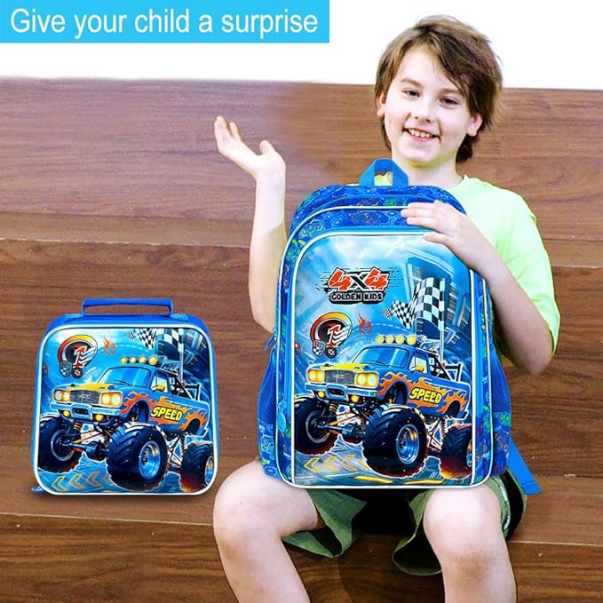 16" Monster Truck Backpack for Boy, 3Pcs Bookbag for Elementary Preschool Kindergarten, Kids School Backpacks with Lunch Box (Blue)