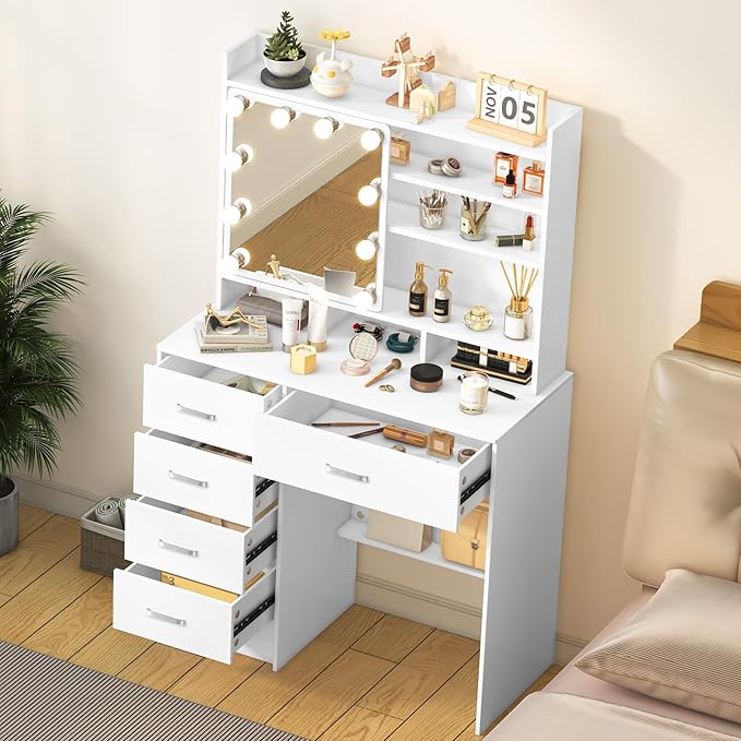 Small Vanity Desk with Sliding Mirror and Lights, White Makeup Vanity Desk with 3-Color Light Adjustable Brightness, 4 Drawers & Open Shelves, Vanity Desk for Bedroom, Girls & Women H3325