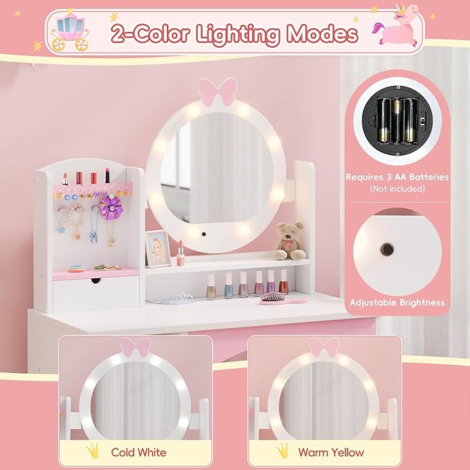 MU Kids Vanity Table and Chair Set – Princess Girls Vanity Set with Mirror, Lights, Jewelry Storage, and Cushioned Stool, Toddler Makeup Vanity for Little Girls, White