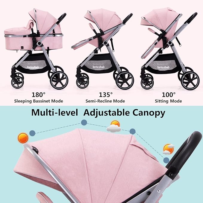 2-in-1 Baby Stroller - Folding Infant Newborn Pram Stroller with Reversible Seat - Toddler Strollers for 0-36 Months Old Babies (Pink)