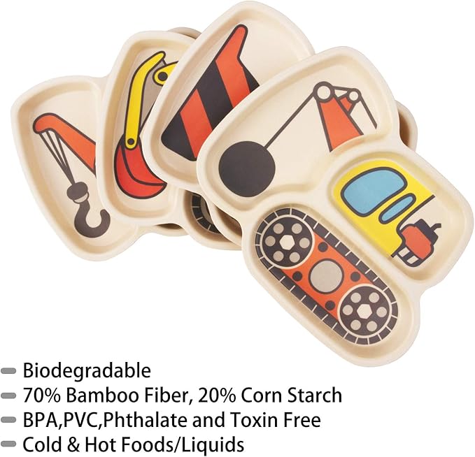 Kids Plates - 3-Piece Bamboo Toddler Plates Dinnerware Set - Divided Plate, Baby Spoon & Fork - Teaches Portion Control