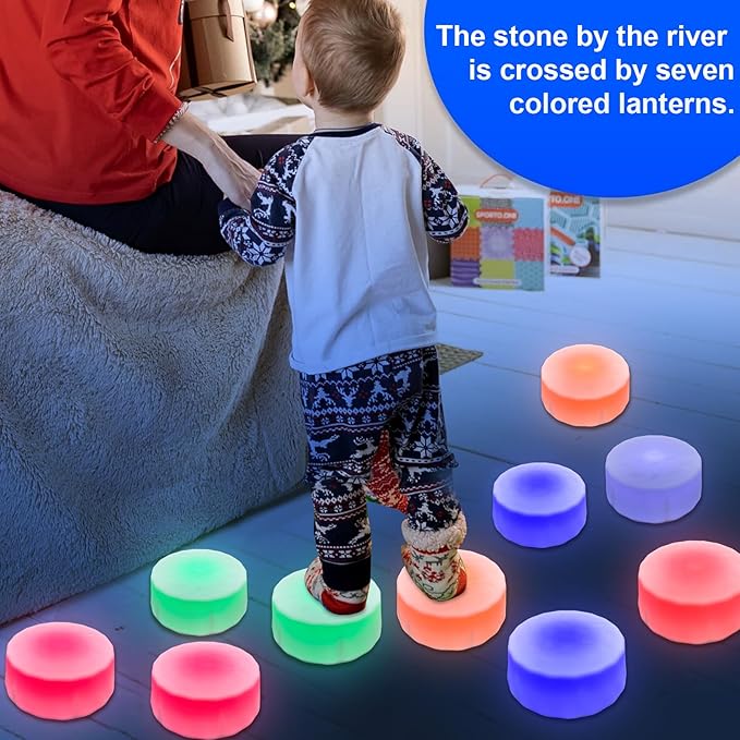 Kids Light Up Stepping Stones - 6 Non-Slip Stepping Stones, Each with 7 LED Light Colors, Indoor Obstacle Training Balance Stepping Stone Toys for Kids Ages 3 and Up.