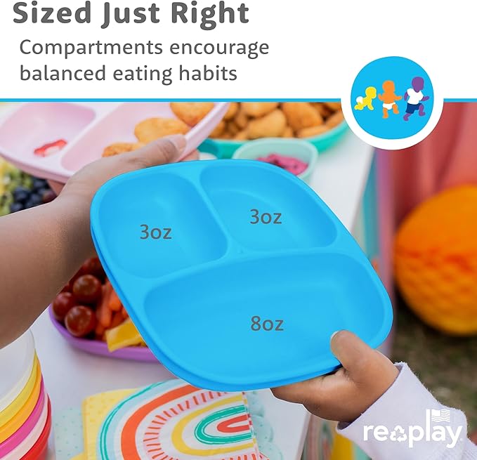 Re-Play Toddler Plates with Dividers - Deep-Walled 3 Compartments Divided Plates for Kids with 3 Lids - Dishwasher & Microwave Safe - Made in USA - Set of 3-7.37" x 7.37" x 1.25" - Bluesy