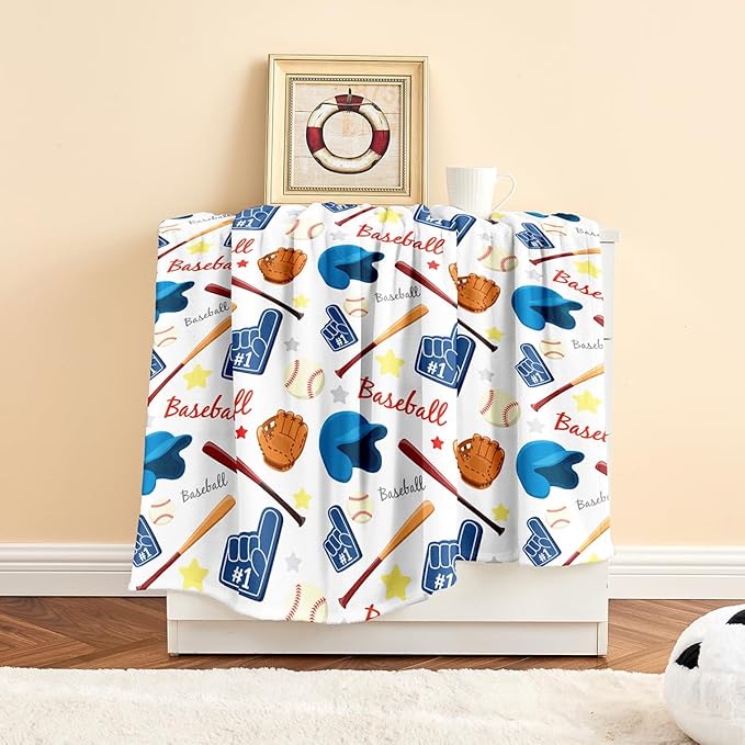 Wajade Baseball Gifts for Boys Girls - Baseball Blanket Birthday Christmas Decor for Kids Age 3 4 5 6 7 8 9 10 11 12 Years Old Teens Child Toddler Throw White 50"x60"