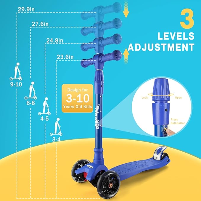 Scooters for Kids Ages 3-5, Kick Scooter for Boys Girls, 4 Adjustable Height, AEBC-9 Bearing, 3 Light Up Wheels, Lean to Steer, Outdoor Activities for Toddlers from 3 to 12 Years Old, Deep-Black