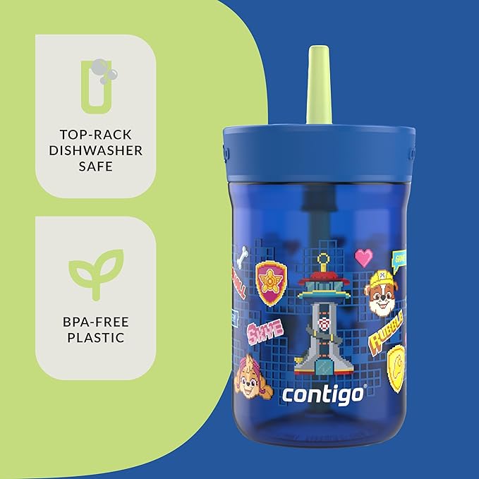 Contigo Leighton Kids Paw Patrol Plastic Water Bottle, Spill-Proof Tumblers with Straw, Dishwasher Safe, 14oz, Power Pups, Blue