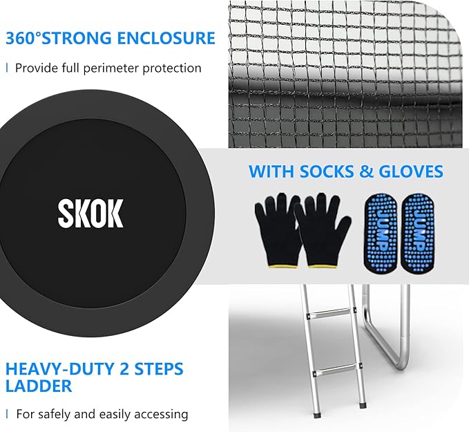 SKOK Trampoline 8FT 10FT 12FT 14FT 15FT Trampolines with Enclosure Net, 400LBS Outdoor Trampolines for Kids with Basketball Hoop-ASTM Approved Trampoline for Children and Adults with Ladder