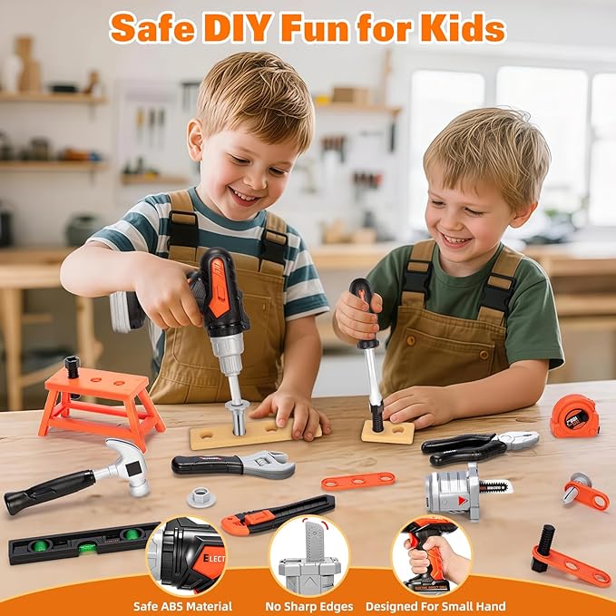 50PCS Kids Tool Set for Boys Ages 3 4 5 6 Years Old - Pretend Play Construction Tool Kits with Portable Tool Bag & Electronic Toy Drill, Toddler Tool Set, Christmas & Birthday Gifts for Boys