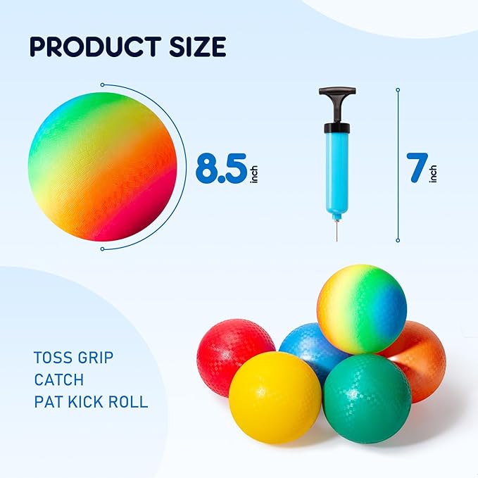 EVERICH Playground Balls Kickball, 6 or 12 Pack 8.5" Dodgeballs Bouncy Kick Balls for Kids Adults Outdoor Indoor, 4 Square Ball School Yard Games for Boys Girls 3-5 5-8 8-12 with Pump