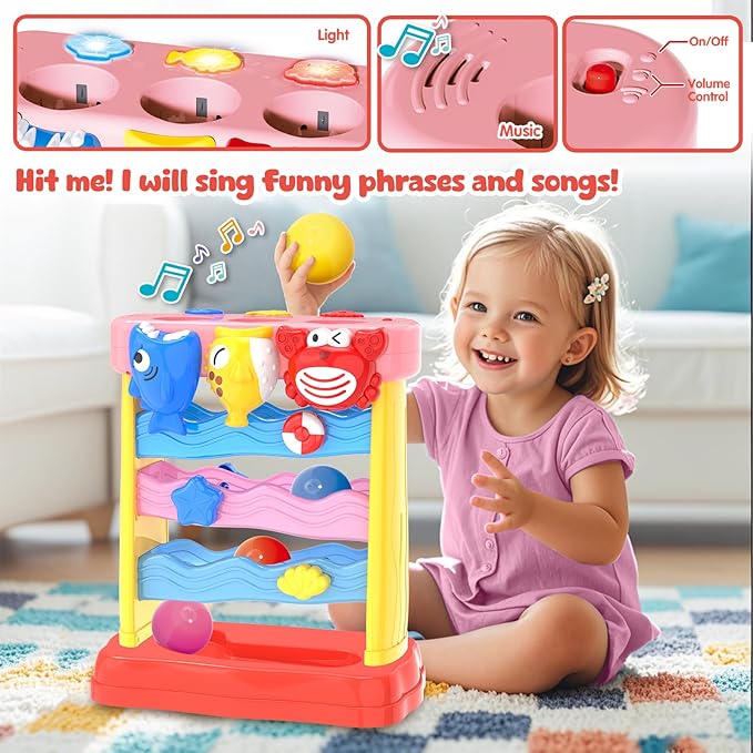 Pound A Ball Toys for 1 2 3 Years Old Girls, Toddler Musical Montessori Toy for 6-12-18-24 Months, Interactive Toys with Light & Sound,Christmas Birthday Gifts for Baby Age 1-2 Years Old