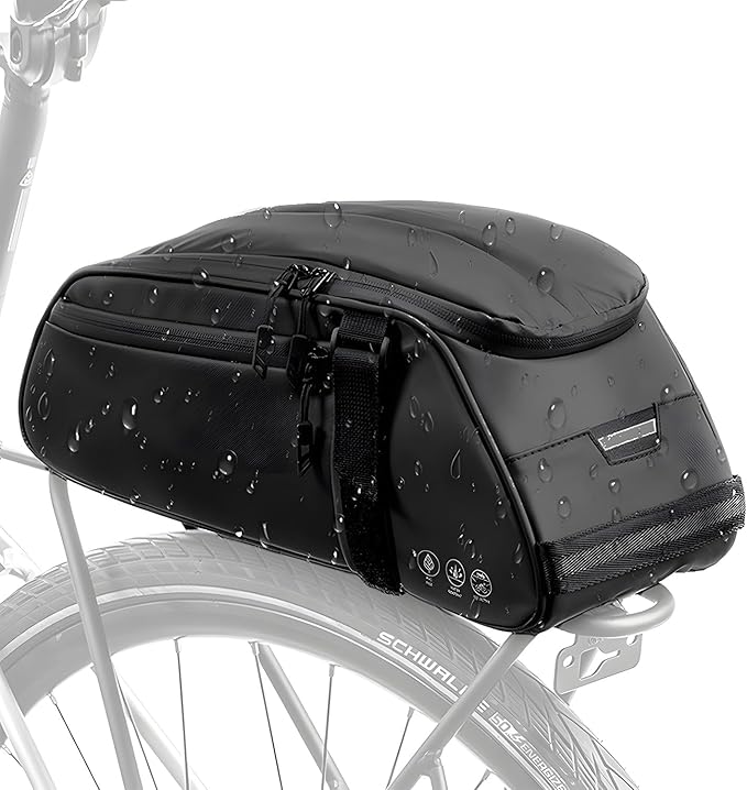 WOTOW Reflective Rear Rack Bag, Water Resistant Bike Saddle Panniers for Bicycles Ebike, 8L Trunk Cycling Back Seat Cargo Carrier Storage Pouch With Shoulder Strap for Travel Commute