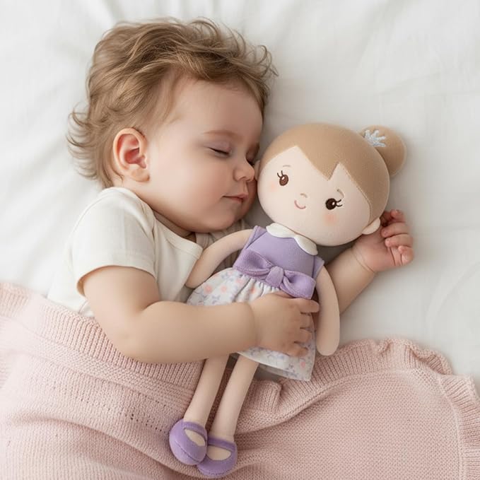 GAGAKU Soft Plush Baby Doll for Girls (12") - My First Baby Doll Gift for Girls, Toddlers & Infants, Machine Washable Rag Doll Toy - Purple Skirt Girl