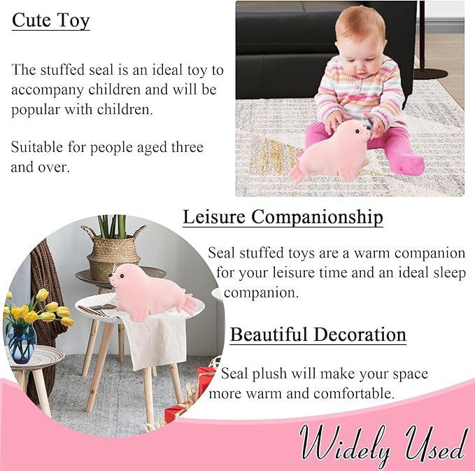 zhidiloveyou Seal Plush Stuffed Animal Pink Cute Toy Pillow Kawaii Doll for Kids, 11.8 inch