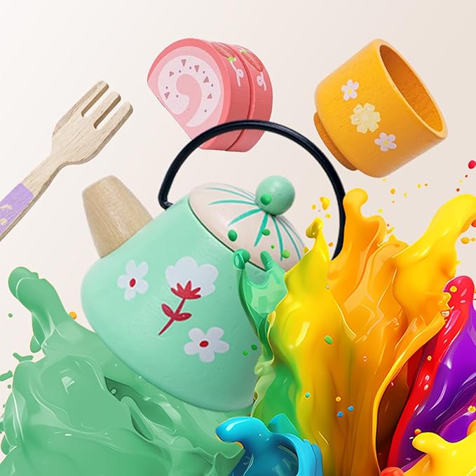 JAUNTY Tea Party Set Toy for Girl 3 4 5 Years Old, Wooden Pretend Play Kitchen Toy Food for 3 Year Old Little Girls , Great Educational 1st Birthday for 3-5 Toddler Girls Boys
