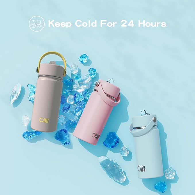 OISIZ Kids Water Bottle with Straw Lid 14oz, Vacuum Insulated 316 Stainless Steel Water Bottles for Kids for School, Leakproof Water Bottle, BPA Free and Keep Cold for 24 Hours
