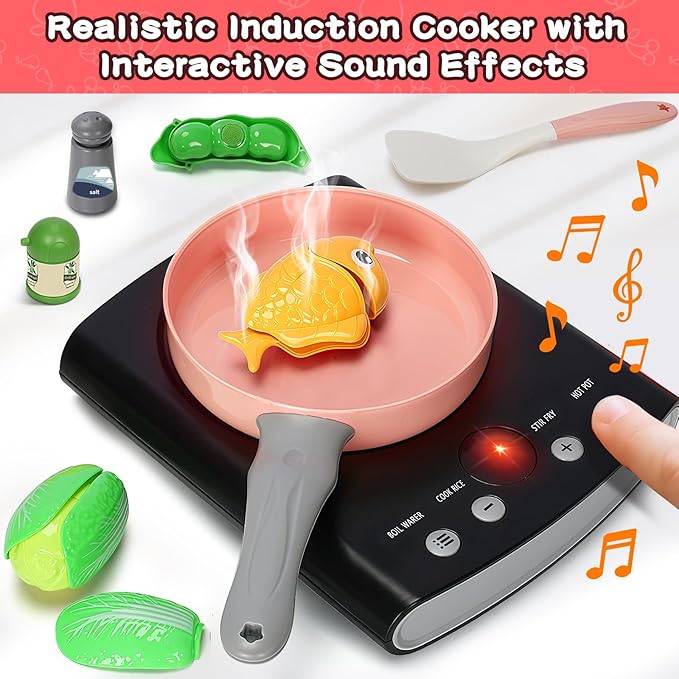 168Pcs Kids Play Kitchen Accessories Toy Set, Pretend Cooking Food Playset with Induction Cooktop, Pot, Pan, Utensils, Cutting Fruit, Prop Money & Shopping Basket, Learning Gifts for Toddler Girl Boy