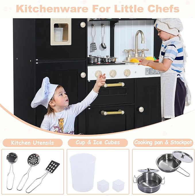 Play Kitchen for Kids, Wooden Kids Kitchen Playset with Realistic Sounds, Children Pretend Toy Kitchen Playset w/Stove, Oven & Ice Maker, Little Chef Play Kitchen for Girls and Boys, Black