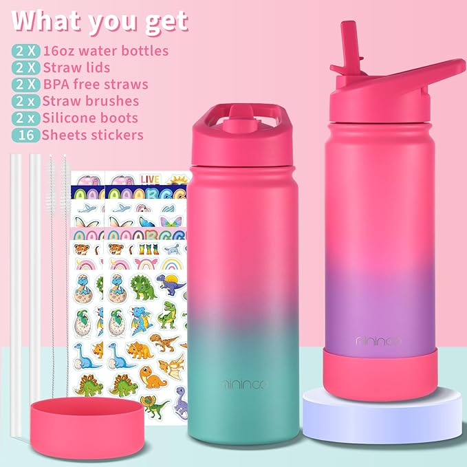 mininoo Girls Water Bottle for School, 16oz Stainless Steel Insulated Metal Water Bottle with Straw Lid for Boys (2 Pack)