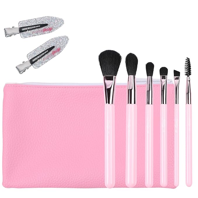 Petite N Pretty Essential Eyeshadow Brush Set with Duck Clips - Pink Makeup Bag, 6 Artist Brushes & Hair Accessories for Girls, Kids, Teens, and Tweens