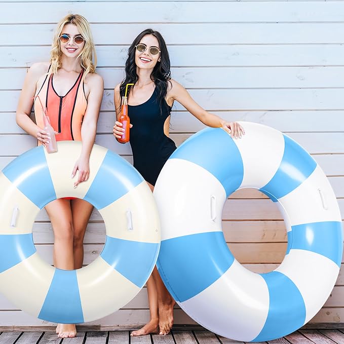 3 Pcs Large Swim Ring with Handles Set 47.24" 39.37" 35.43" Inflatable Pool Inner Tube Classic Striped Pool Ring Floats for Adults Teens Summer Lounger Beach Party Supplies