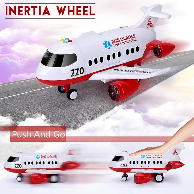 Airplane Toy Kids Plane 15 Inches Large with Light and Sound for 3 4 5 6 7 Year Old Boys Girls Toddlers, Ambulance Aircraft Toy Vehicle Play Set with Traffic Signs and 6 Rescue Trucks
