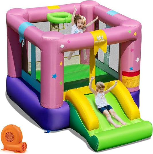 BOUNTECH Inflatable Bounce House, Bouncy House for Kids 3-12 Indoor Outdoor w/520W Blower, Jumping Area, Slide, Basketball Game, Mini Bounce House for Toddler Boys Girls Birthday Party Backyard Gifts