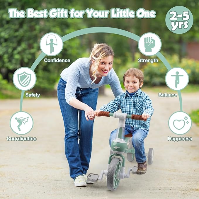 XIAPIA 3 in 1 Toddler Bike for 2-4 Year Old Girl Boy, Kids Tricycle with Adjustable Seat, Detachable Pedal and Training Wheels, Baby Balance Bike Trikes Riding Toys, Kids Chirstmas Birthday Gifts Pink