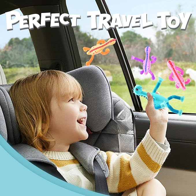 4Pcs Telescopic Suction Cup Dinosaur Toys,Sensory Toys for Kids 3-5 5-7,Toddler Toy,Fidget Toy,Toddler Travel Essential for Airplane,Pop Tubes, Christmas Stocking for Kids Boys Girls A
