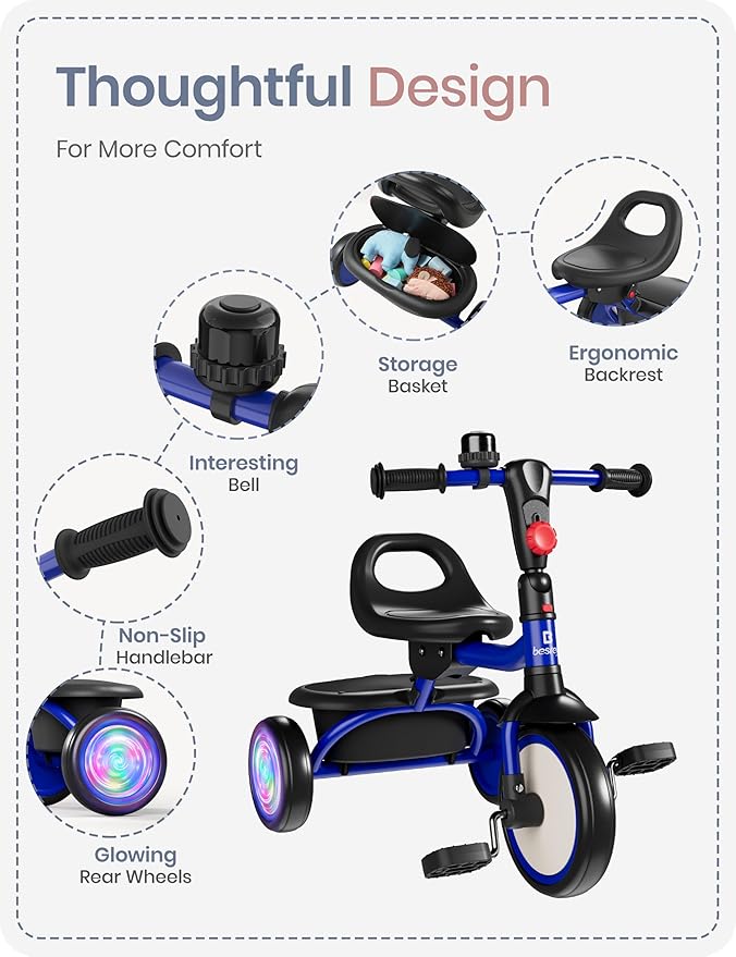 besrey Kids Tricycle with Flash Wheels for Ages 18 Months to 5 Years, Toddler Tricycle with Bell, Kids Tricycle, Gift for 2-5 Year Olds, Gift and Toy for Boys and Girls, Tricycle for Toddlers, Blue