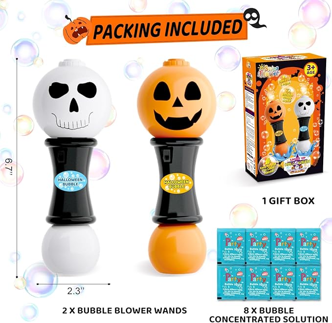 SpringFlower Halloween Toy,Bubble Blower Wand,6.7 Inch Illuminating Bubble Maker with LED Light-Up Effect for Kids,Halloween Bubble Party Favor,Pumpkin & Skull Design, 2 Pack