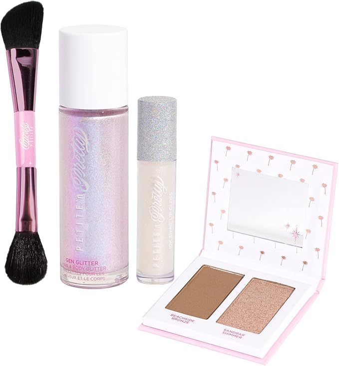 Petite 'n Pretty Makeup Set for Kids (Silver) - Face & Body Makeup for Kids, Tweens, Teens - Highlighter, Body Shimmer Glitter, Lip Gloss, Makeup Brush, Made in the USA
