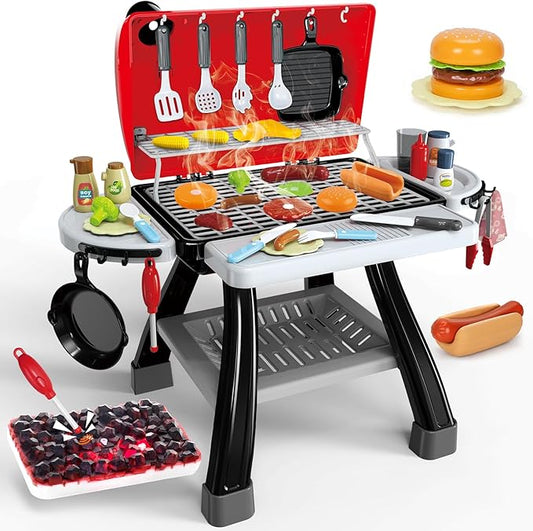 Kids Play Kitchen Toys, Kids BBQ Grill Kitchen Playset with Smoke, Sound & Light, Play Food Toys Cooking Set, 2-Layer Barbecue Outdoor Play Grill Toy Gift for Toddler Boys Girls 3-5