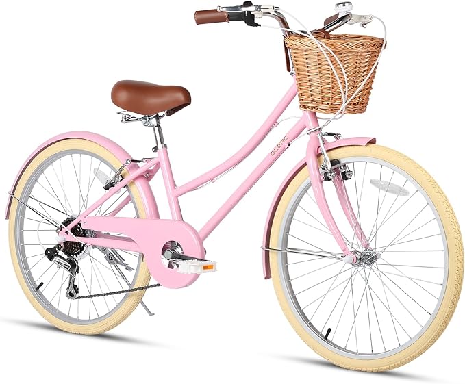 Glerc 20 24 26 Inch Beach Cruiser Bike, 6-Speed Hybrid City Bicycle for Girls Youth and Over 6 Years Old, Missy Bike with Wicker Basket & Lightweight, Multiple Colors