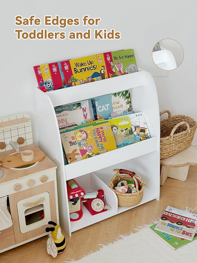 Wooden Kids Bookshelf and Toy Storage, 3-Tier Montessori Book Display Shelf for Toddler Kids Room, Nursery, Playroom, Classroom, White