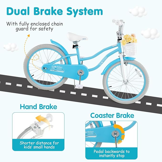 BABY JOY Kids Bike, 12 14 16 18 20 Inch Boys Girls Bike w/Adjustable Seat, Removable Basket, Handbrake & Coaster Brake, Training Wheels or Kickstand, Kids Bicycle with Multi-Color