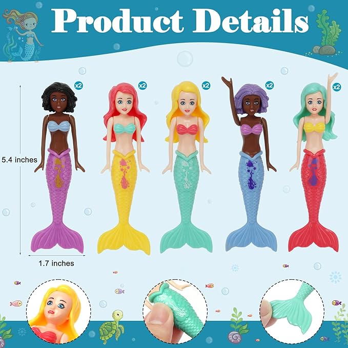 10 Pack Dive Mermaids Underwater Diving Pool Toys Mermaids Bath Toys Sinking Toys Swimming Pool Games for Toddlers Kids Girls Ages 3-12 (Black & White)