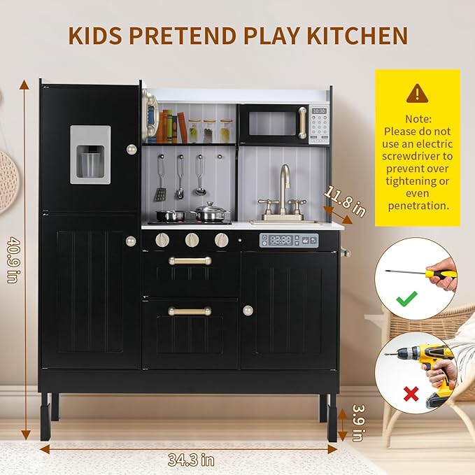 Arlopu Play Kitchen for Kids, Wooden Toy Toddler Kitchen Sets, Sturdy Pretend Cooking Playset with Storage & Accessories, Realistic Light & Sound, Stove, Fridge, Microwave, Removable Sink (Black)