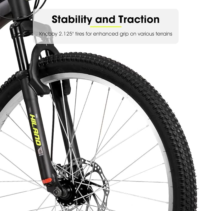 HILAND Mens and Womens Mountain Bike, 26 Inch 18 Speed Mountain Bicycle with Dual Disc Brake, Front Suspension Fork, High Carbon Steel Frame Urban Commuter Bike for Adults