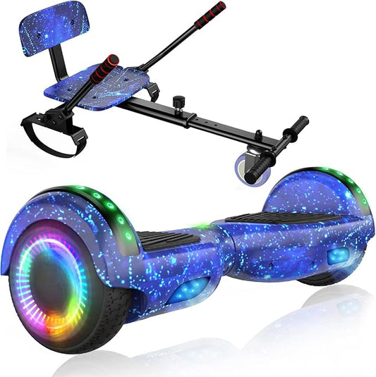 LIEAGLE Scooter With Seat Attachment, 6.5" Scooters Go Kart Combo With Colorful LED Lights & Bluetooth, For Kids Boys Girls Adults All Ages(Star Blue with Kart)