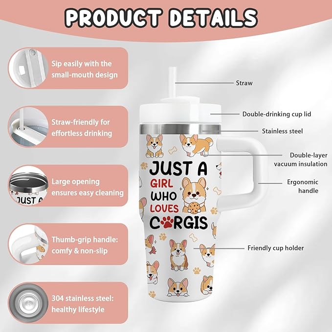 Corgi Gifts - 14 Oz Cartoon Kids Corgi Tumbler with Handle and Straw, Stainless Steel Insulated Water Bottle, for Boys Girls, School, Travel - Funny Dog Themed Children Birthday Gift Cup(1pc)