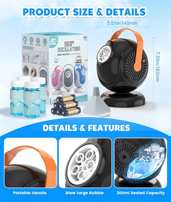Joyfuture Automatic Bubble Machine, Black Bubbles Blower for Kids, Toddlers - 360° Rotation, 75° Adjustment, with LED Light - Gifts for Boys, Girls, Outdoor, Birthday, Party