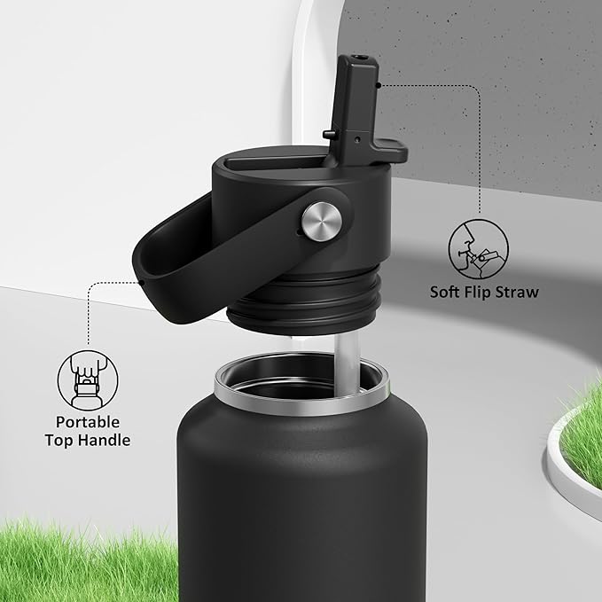 POWCAN 18 oz Kids Water Bottle: Leakproof, Keep Cold 24H, Cupholder Friendly, Top Handle, BPA-Free, Slim Insulated Water Bottle with Straw for School, Sport, Travel, Gym, Running (Midnight Black)