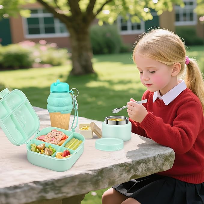 Kids Lunch Box Set -12oz Insulated Food Jar, Thermal Bag,Leakproof Lunch Food Containers Cutlery (BPA Free)-Gift for Girls/Boys Age 3-10(Green+Green Jar)