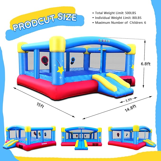 Big Inflatable Bounce House for Party Fun,15ft x 14.8ft,Double Basketball Hoop,Throw Ball Game,Reinforced PVC Bounce Floor,Jumping Bouncy Castle Holds 6 Kids
