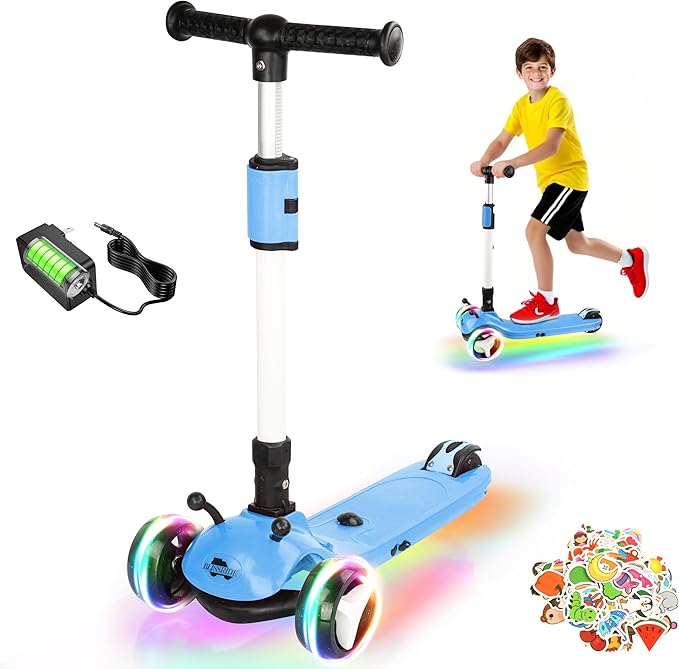 3 Wheel Electric Scooter for Kids Ages 3-12, w/Full Body Lights Up, DIY Stickers, 3 Adjustable Heights, 5Mph Safe Speed, 90min Riding, BLISSRIDE Foldable Kids Electric Scooter for Boys & Girls